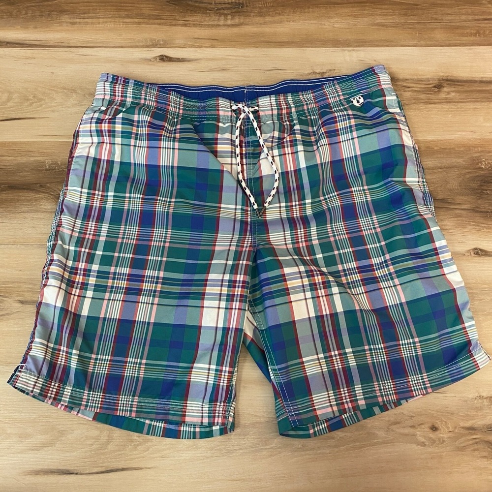 Lands End Swim Trunks Size L 36-38 Plaid Board Shorts Polyester Teal Blue Green